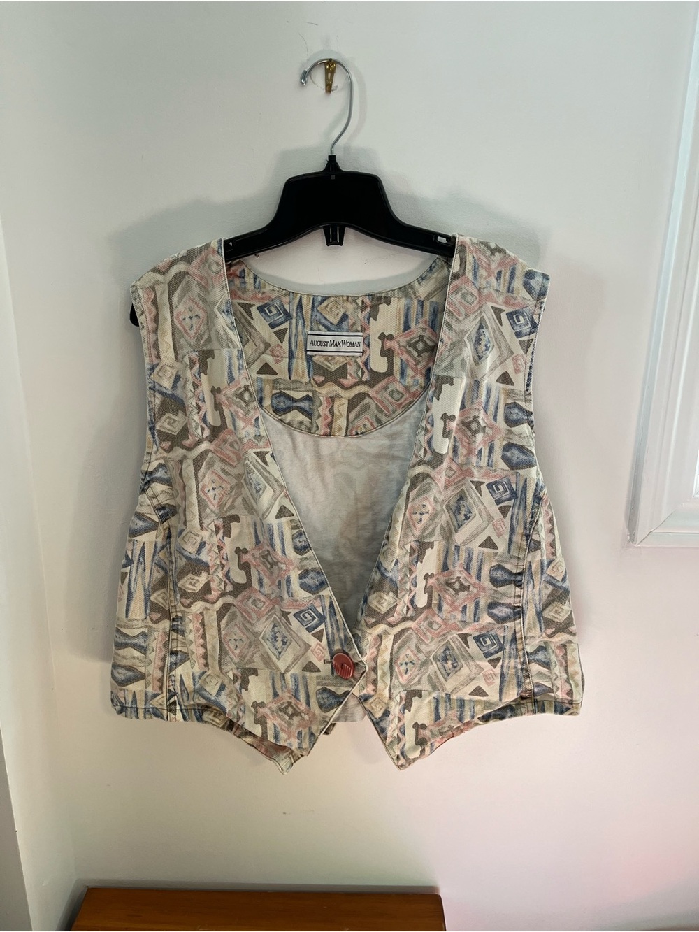 Vintage Jean Denim Cream Geometric Print Cotton Vest - Size Large